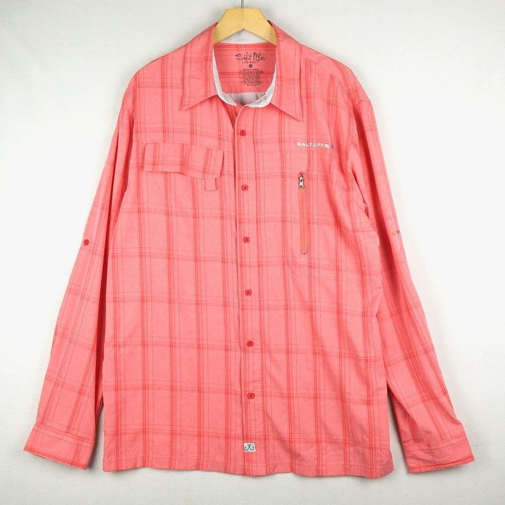Salt Life SLX Performance Long Sleeve Shirt Mens L Pink UVapor Vented Fishing